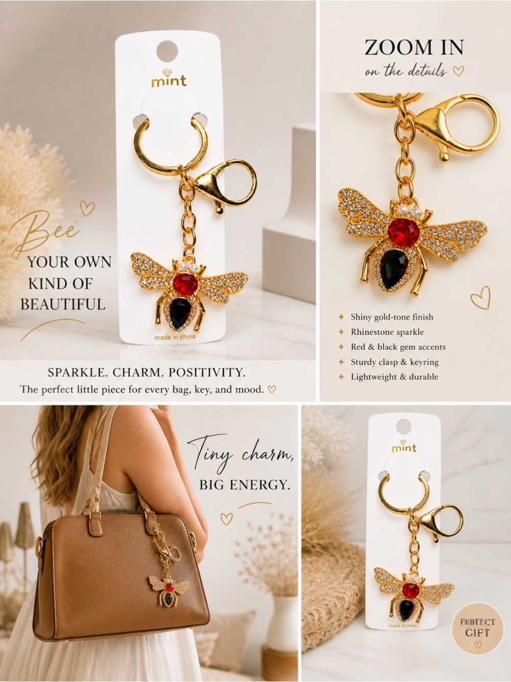Gold Rhinestone Bee Keychain Charm Red Black Gem Bag Charm Purse Keychain